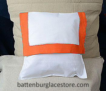 Envelope Pillow. 12 inches. White with Vermillion Orange border - Click Image to Close